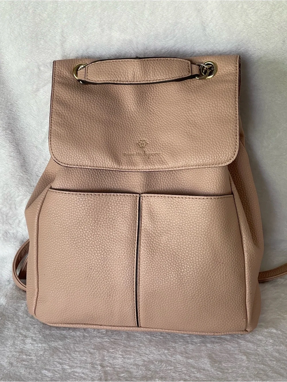 Nanette Lepore pebbled beige pink vegan leather backpack
